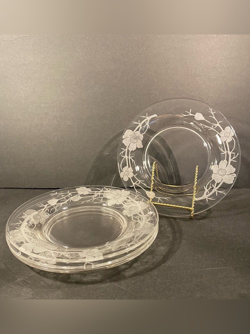 Cambridge Clear Magnolia Luncheon Plates - Set of 4 - 8 in Etched Glass VNTG